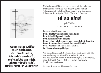 Traueranzeige von Hilda Kind von Südthüringer Presse