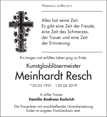 Traueranzeige von Meinhardt Resch von Südthüringer Presse
