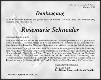 Traueranzeige von Rosemarie Schneider von Südthüringer Presse