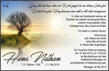 Traueranzeige von Hans Nathan von Südthüringer Presse