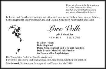 Traueranzeige von Lore Volk von Südthüringer Presse