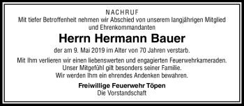 Traueranzeige von Hermann Bauer von Frankenpost