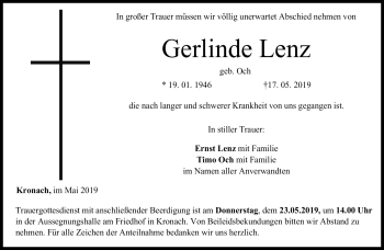 Traueranzeige von Gerlinde Lenz von Neue Presse Coburg