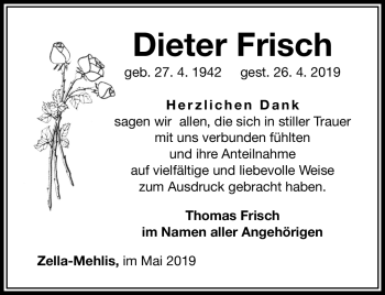 Traueranzeige von Dieter Frisch von Südthüringer Presse