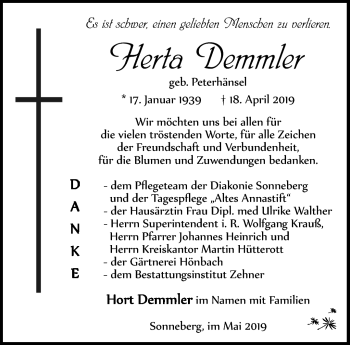 Traueranzeige von Herta Demmler von Südthüringer Presse