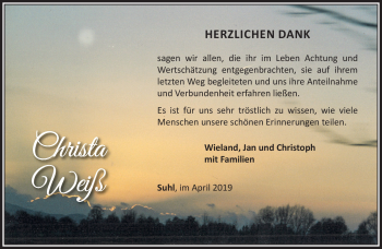 Traueranzeige von Christa Weiß von Südthüringer Presse