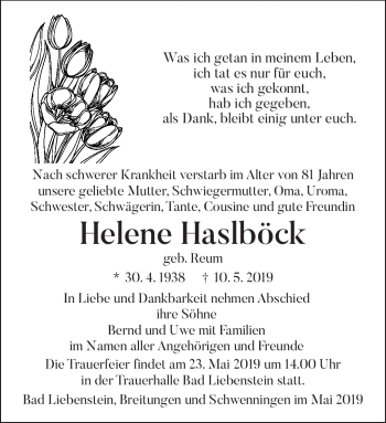 Traueranzeige von Helene Haslböck von Südthüringer Presse