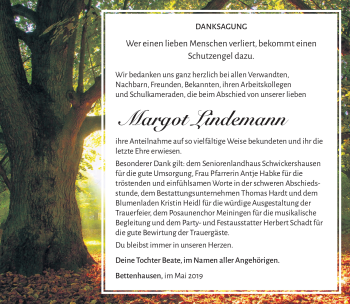 Traueranzeige von Margot LIndemann von Südthüringer Presse