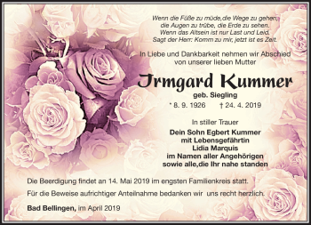Traueranzeige von Irmgard Kummer von Südthüringer Presse