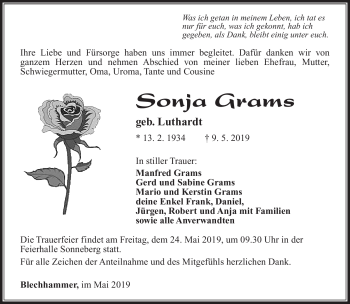 Traueranzeige von Sonja Grams von Südthüringer Presse