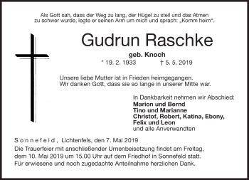 Traueranzeige von Gudrun Raschke von Neue Presse Coburg