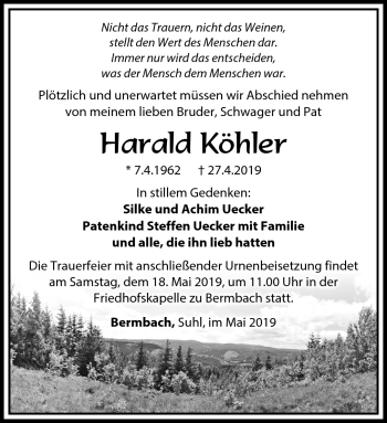 Traueranzeige von Harald Köhler von Südthüringer Presse