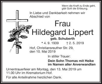 Traueranzeige von Hildegard Lippert von Frankenpost