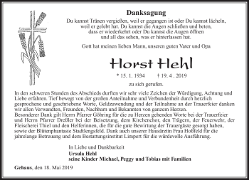 Traueranzeige von Horst Hehl von Südthüringer Presse