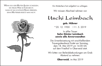 Traueranzeige von Uschi Leimbach von Südthüringer Presse