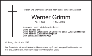 Traueranzeige von Werner Grimm von Neue Presse Coburg