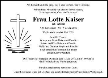 Traueranzeige von Lotte Kaiser von Frankenpost