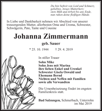 Traueranzeige von Johanna Zimmermann von Südthüringer Presse
