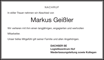 Traueranzeige von Markus Geißler von Frankenpost