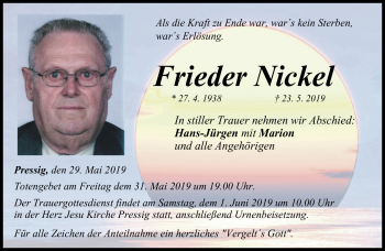 Traueranzeige von Frieder Nickel von Neue Presse Coburg