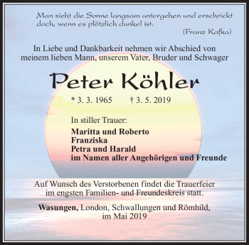 Traueranzeige von Peter Köhler von Südthüringer Presse