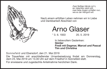 Traueranzeige von Arno Glaser von Neue Presse Coburg