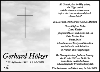 Traueranzeige von Gerhard Hölzer von Südthüringer Presse