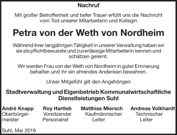 Traueranzeige von Petra von der Weth von Nordheim von Südthüringer Presse