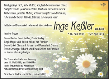 Traueranzeige von Inge Keßler von Südthüringer Presse