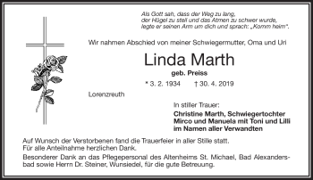 Traueranzeige von Linda Marth von Frankenpost