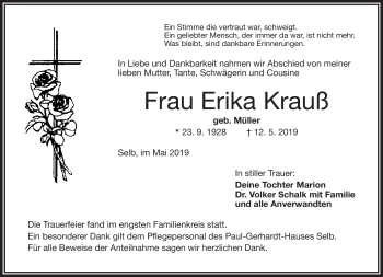 Traueranzeige von Erika Krauß von Frankenpost