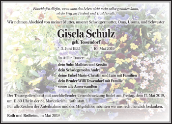 Traueranzeige von Gisela Schulz von Südthüringer Presse