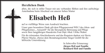 Traueranzeige von Elisabeth Heß von Südthüringer Presse