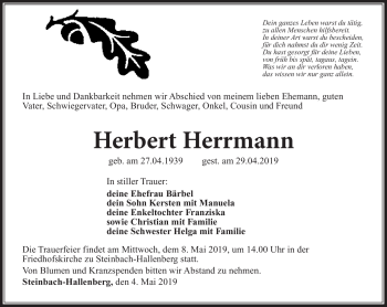 Traueranzeige von Herbert Herrmann von Südthüringer Presse