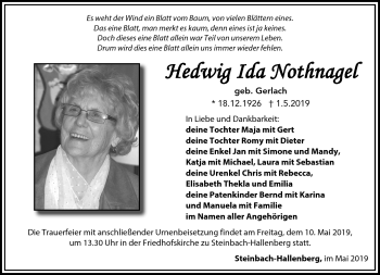 Traueranzeige von Hedwig Ida Nothnagel von Südthüringer Presse