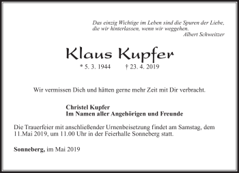 Traueranzeige von Klaus Kupfer von Südthüringer Presse