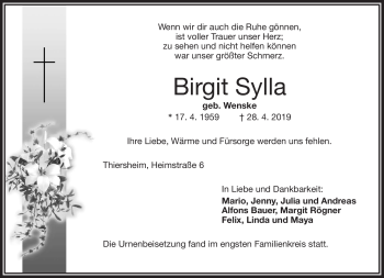 Traueranzeige von Birgit Sylla von Frankenpost