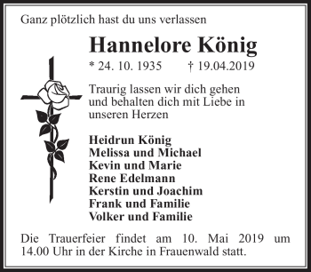 Traueranzeige von Hannelore König von Südthüringer Presse