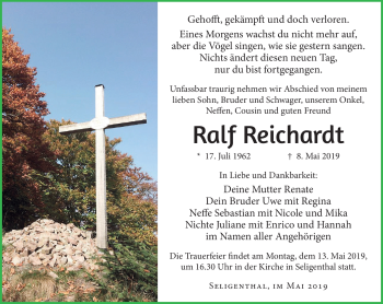 Traueranzeige von Ralf Reichardt von Südthüringer Presse