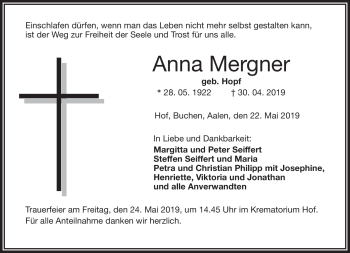 Traueranzeige von Anna Mergner von Frankenpost