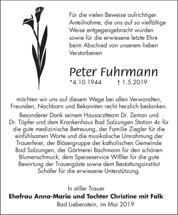Traueranzeige von Peter Fuhrmann von Südthüringer Presse