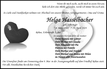 Traueranzeige von Helga Hasselbacher von Frankenpost