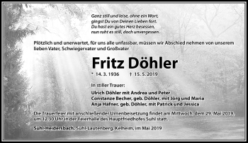 Traueranzeige von Fritz Döhler von Südthüringer Presse