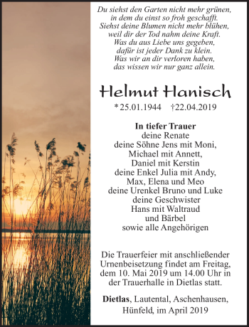 Traueranzeige von Helmut Hanisch von Südthüringer Presse
