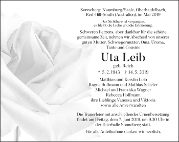 Traueranzeige von Uta Leib von Südthüringer Presse