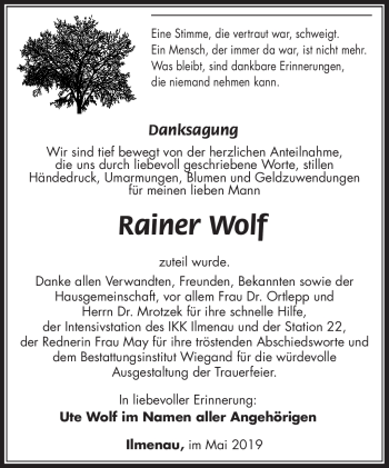 Traueranzeige von Rainer Wolf von Südthüringer Presse