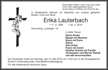 Traueranzeige von Erika Lauterbach von Frankenpost