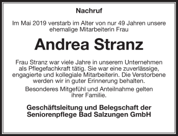 Traueranzeige von Andrea Stranz von Südthüringer Presse