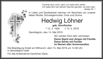 Traueranzeige von Hedwig Löhner von Frankenpost