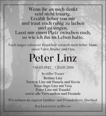 Traueranzeige von Peter Linz von Südthüringer Presse